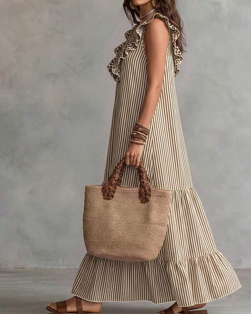 V-Neck Striped Leopard Sleeveless Tiered Dress