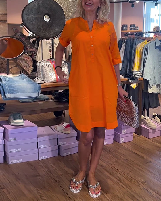 Solid color buttoned casual loose dress