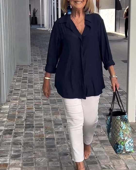 Lapel solid color loose blouse