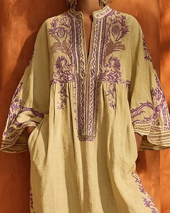 V-Neck Ethnic Print Loose Fit Dress