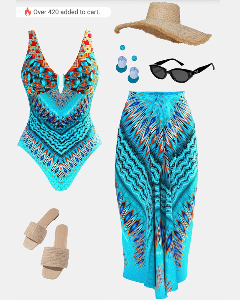 Ethnic Print One-Piece Swimsuit And Cover-Up Set