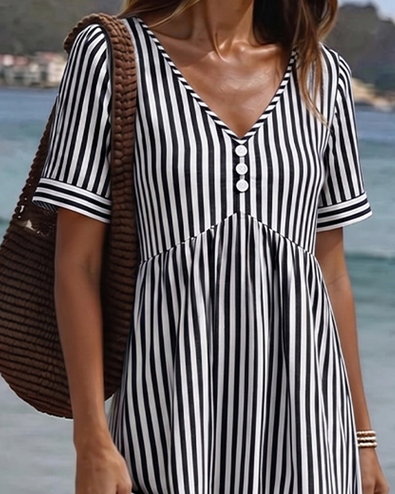 Vertical Stripe Babydoll V Neck A Line Dress