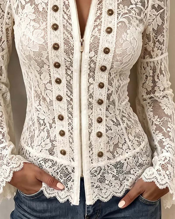 Stand Collar Casual Long Sleeve Blouse