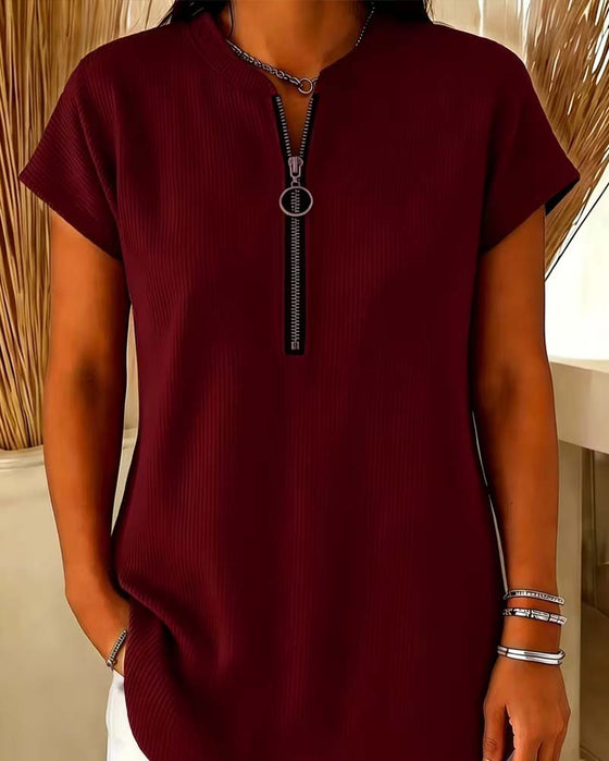 Solid Short Sleeve Zip Blouse