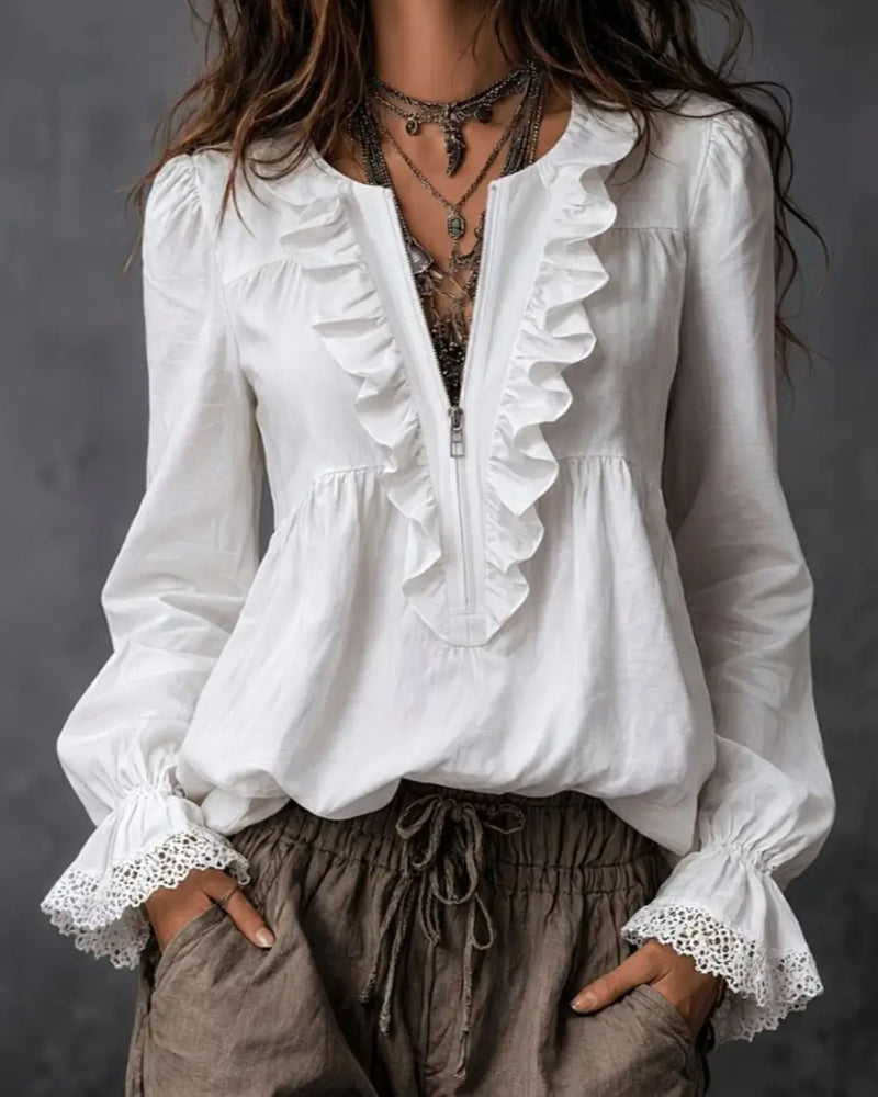 Zippered Ruffle-Sleeve Blouse