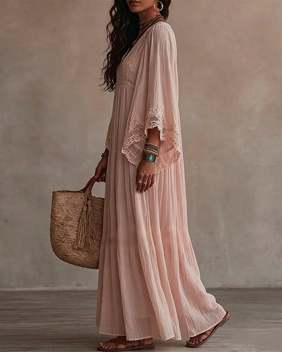 V-Neck Lace Patchwork Solid Color Dress