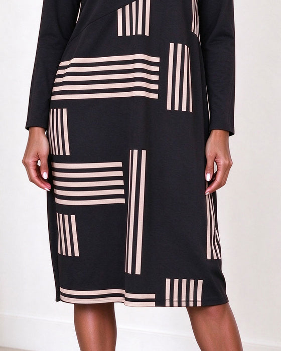 Geometric Striped V-Neck Long Sleeve Dress