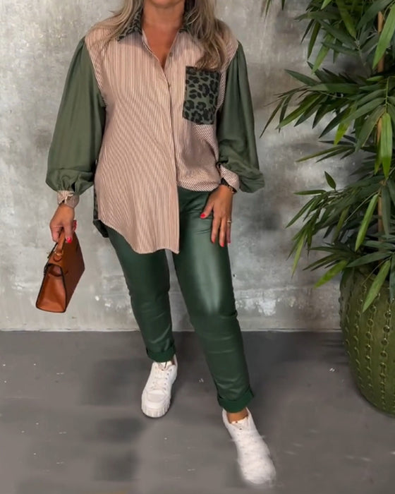 Lapel lantern sleeve leopard print shirt
