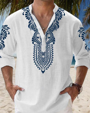 Ethnic Blue Print Mandarin Collar Shirts