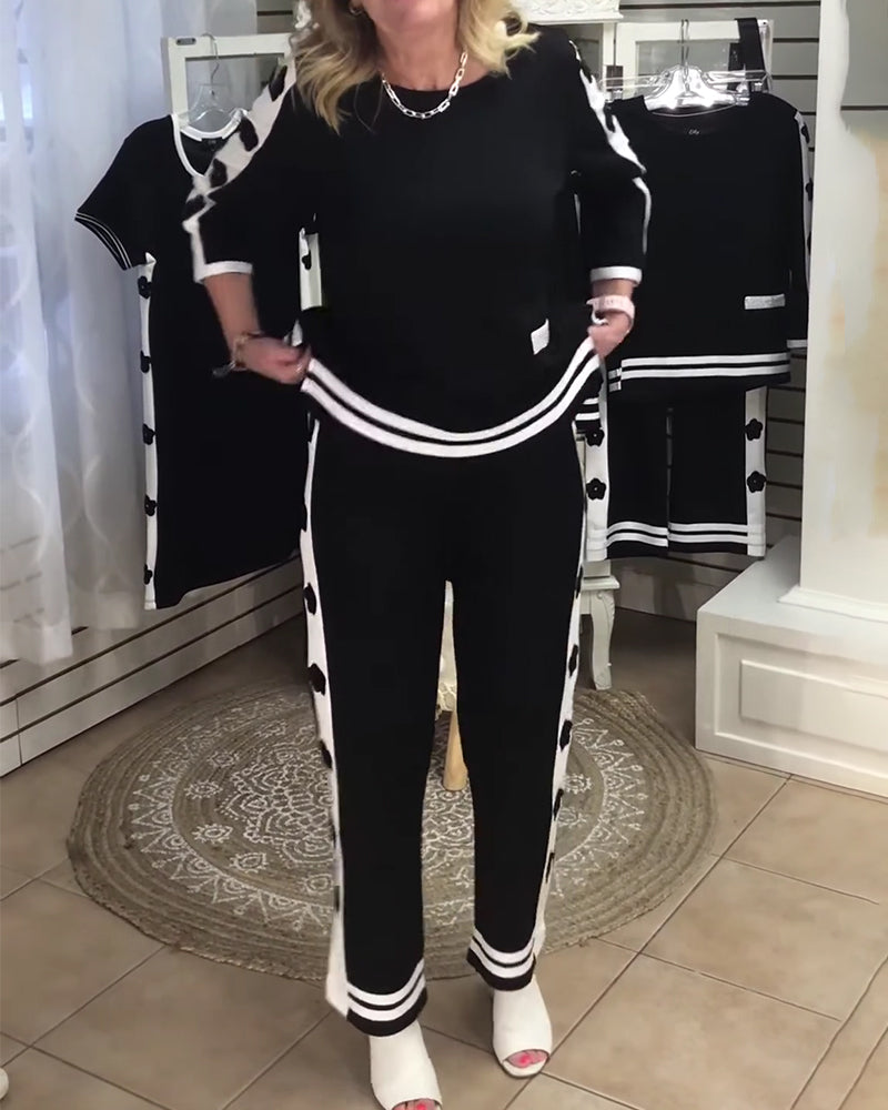 Color-Blocked Casual Straight-Leg Pants Two-Piece Set