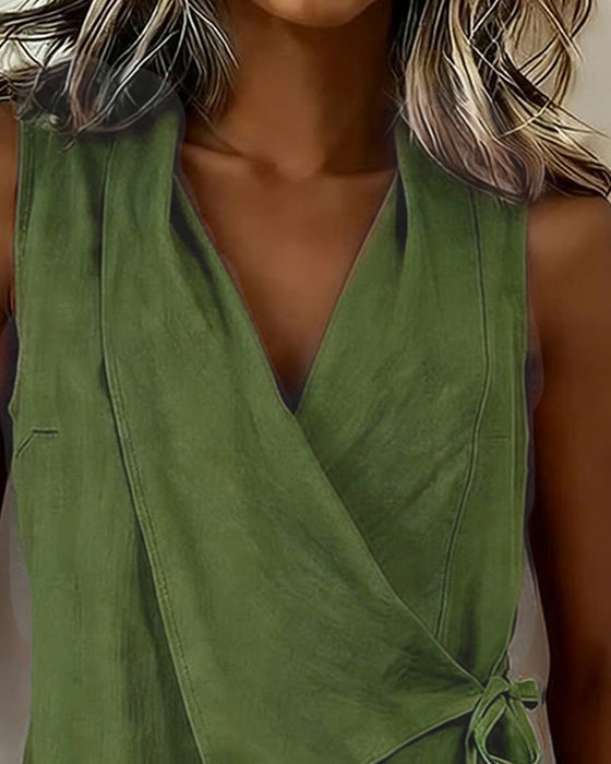 Crisscross Tie Cotton Linen Solid Tank Top