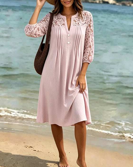 V-Neck Hollow Out Ruched Lace Dress
