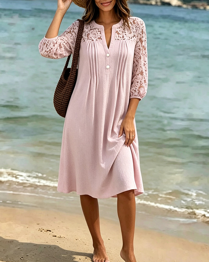 V-Neck Hollow Out Ruched Lace Dress
