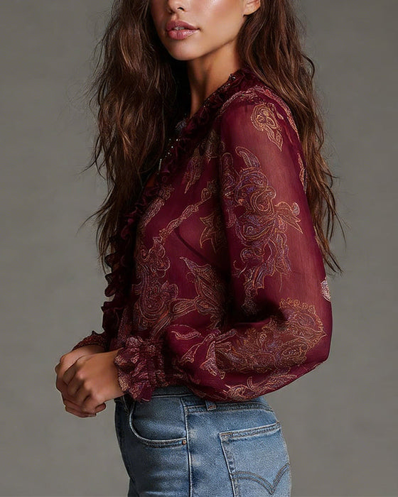 Half-Zip Ruffle Retro Blouse