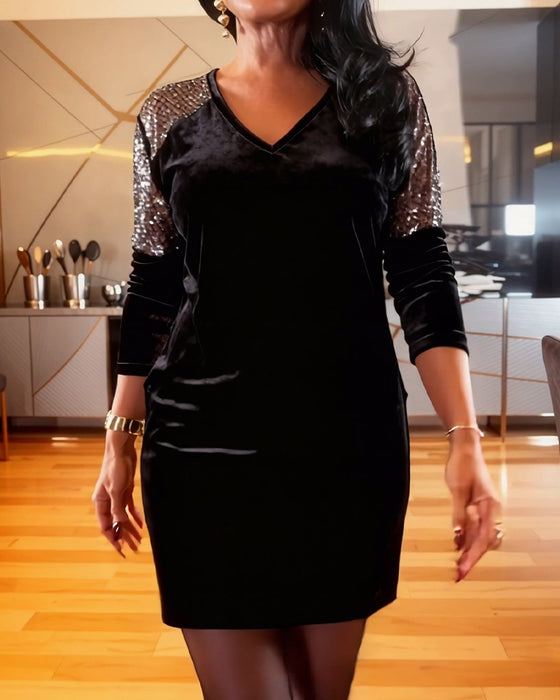 Fashionable Velvet Patchwork Long-Sleeved Dress