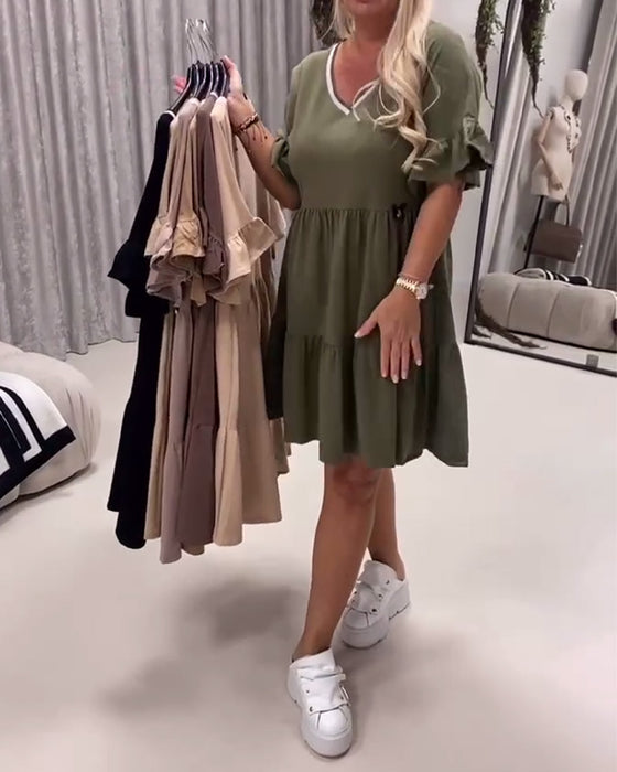 V-Neck Ruffle Sleeve A-Line Dress