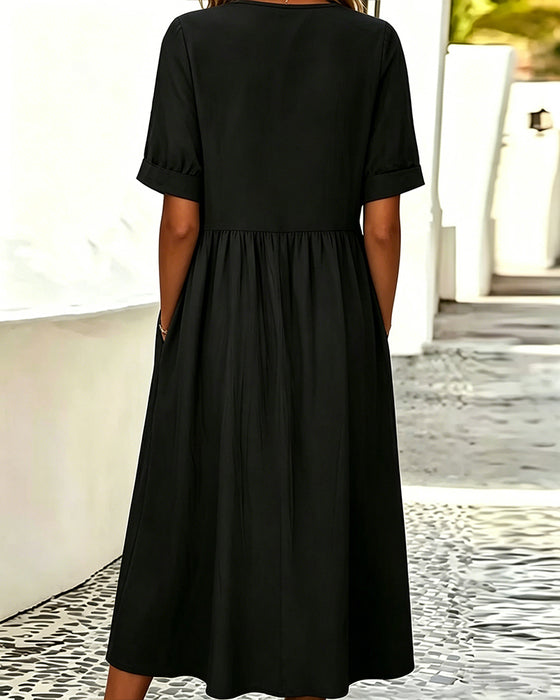 Crew Neck Short Sleeve Solid Color Dress