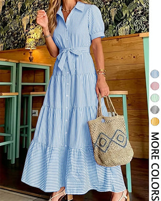 Striped Waist-Cinching Tiered Shirt Maxi Dress