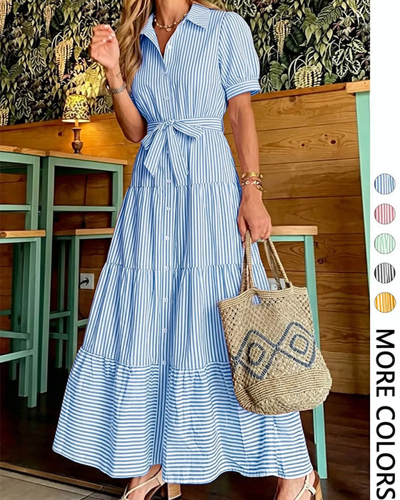 Striped Waist-Cinching Tiered Shirt Maxi Dress