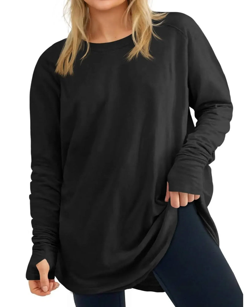 Crew Neck Long Sleeve Solid Color Loose T-Shirt
