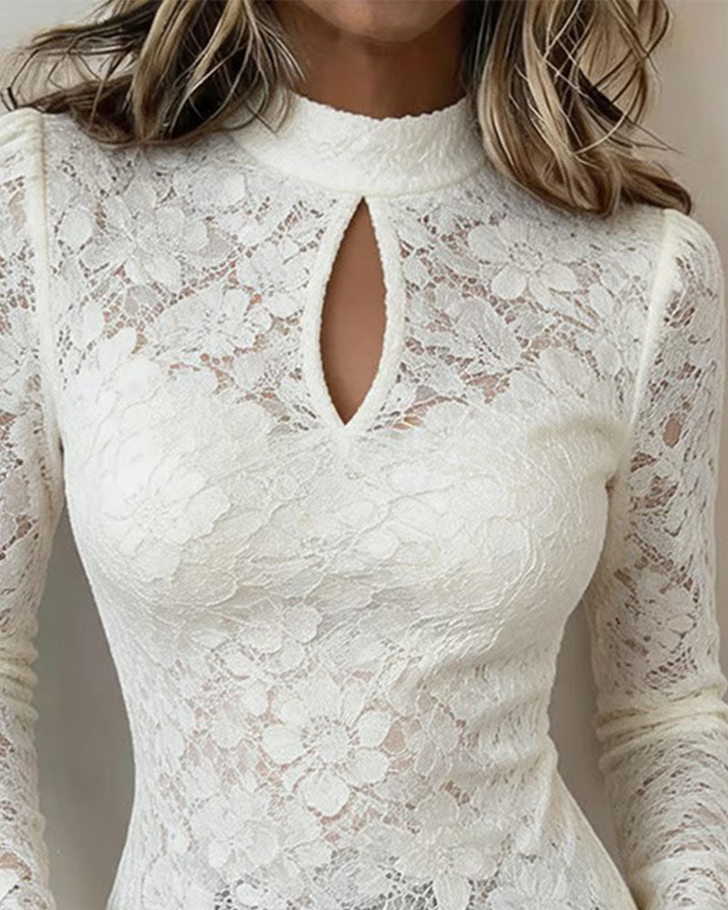 Small Turtleneck Hollow Lace Slim-Fit Top