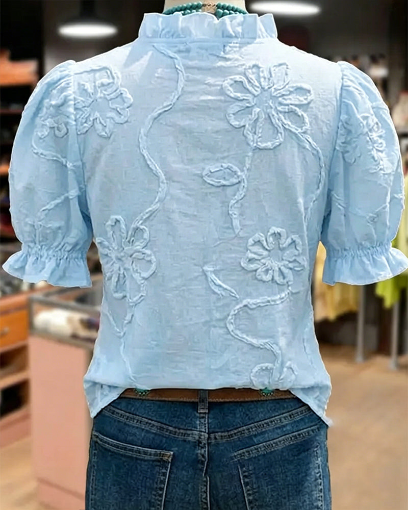 V-Neck Ruffle Trim Puff Sleeve Blouse