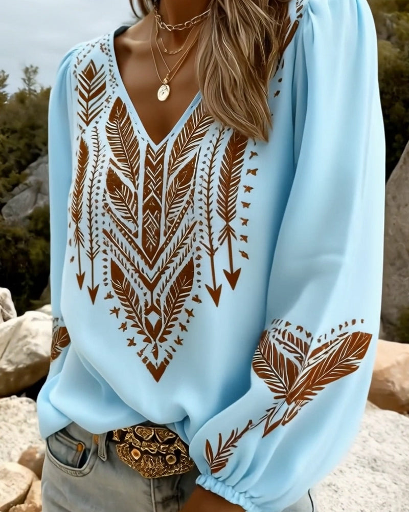 Puffed Sleeve V-Neck Loose Blouse