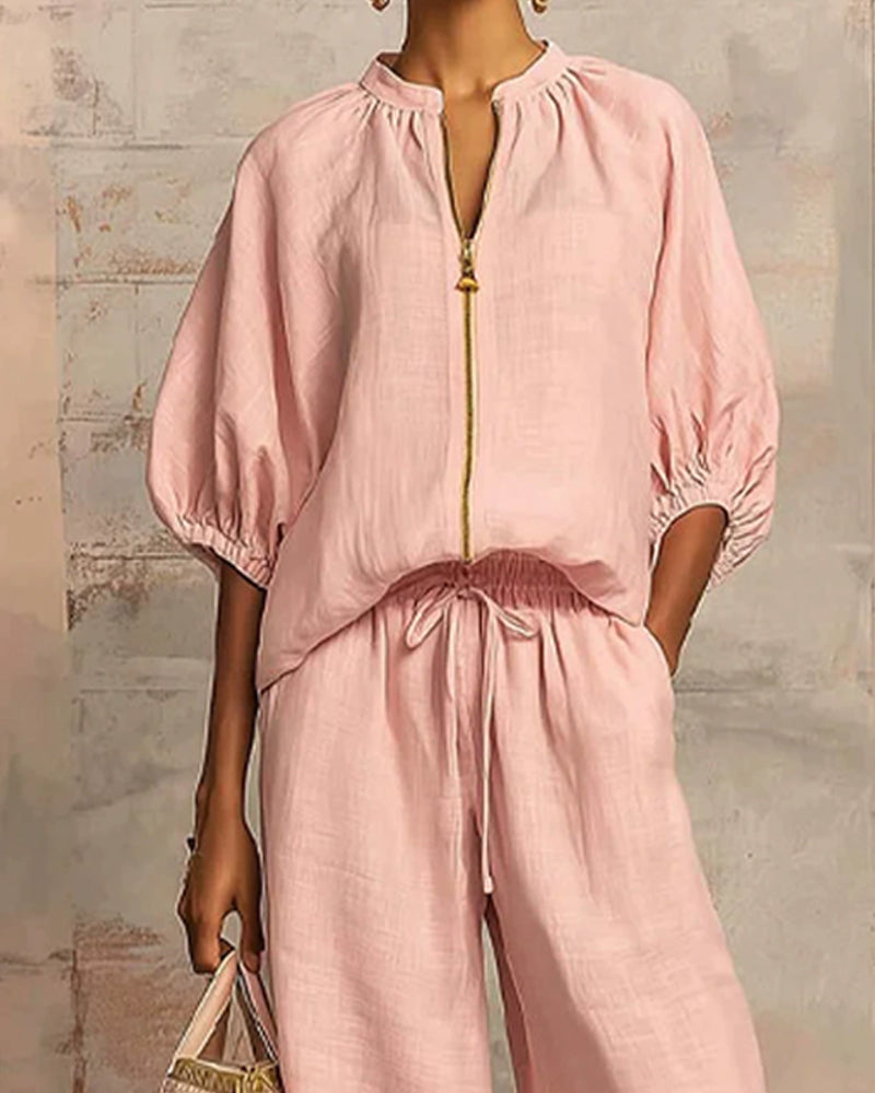Zipper Crewneck Top Wide Leg Pants Two-Piece Sets