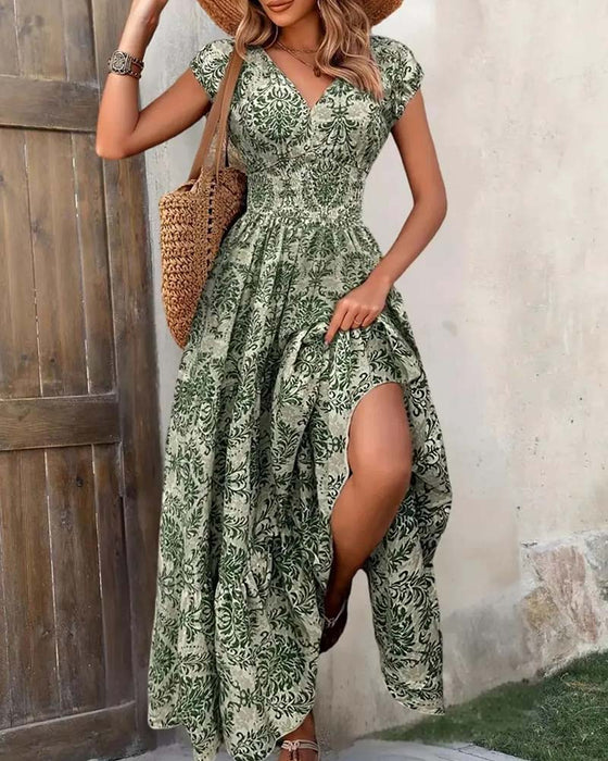 Retro Print V-Neck Cinched Waist Long Dress
