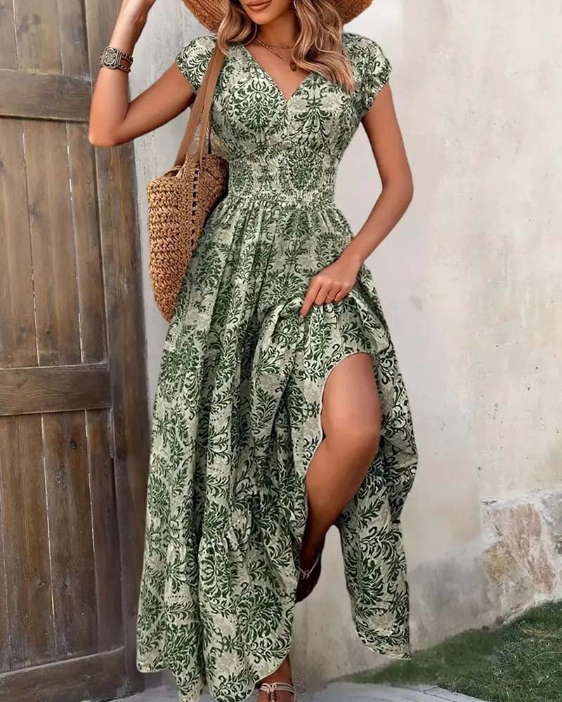 Retro Print V-Neck Cinched Waist Long Dress