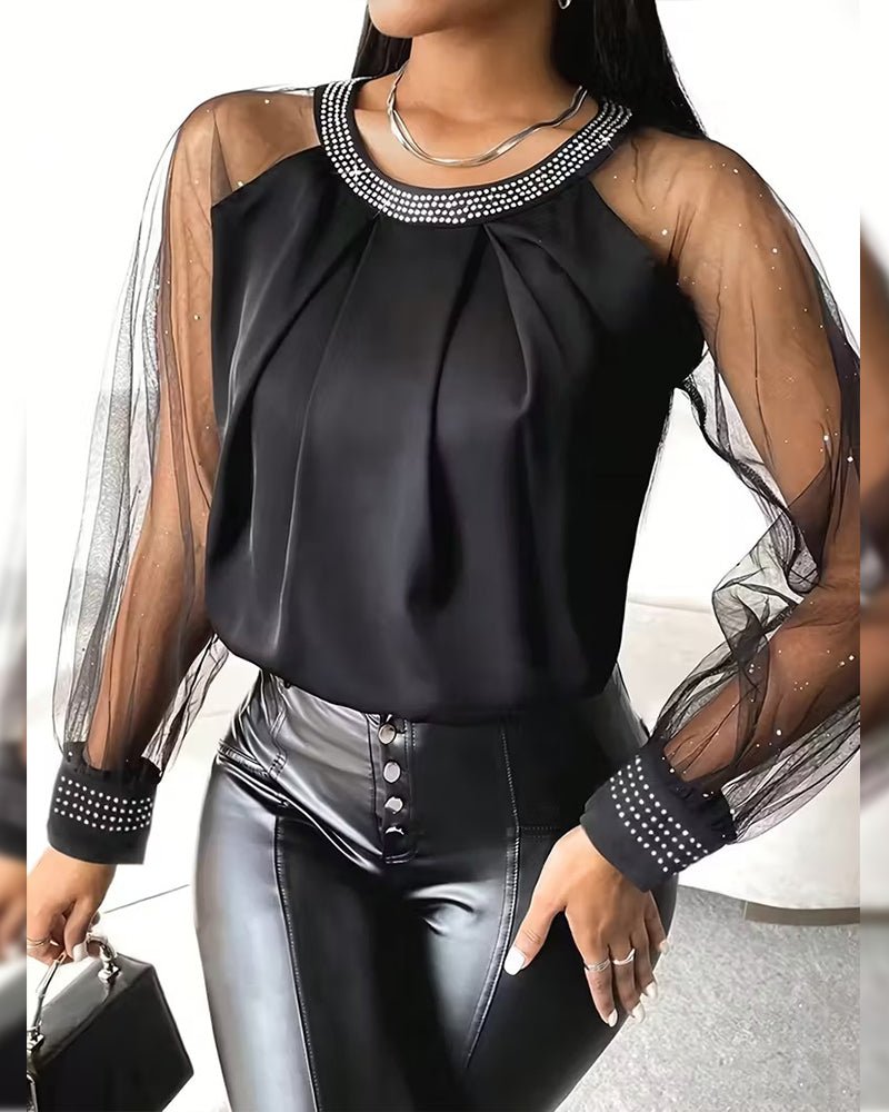 Hot Rhinestone Mesh Long-Sleeved Fashionable Blouse