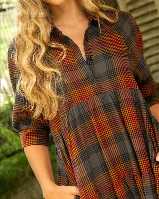 Lapel Plaid Half-Sleeved Dress