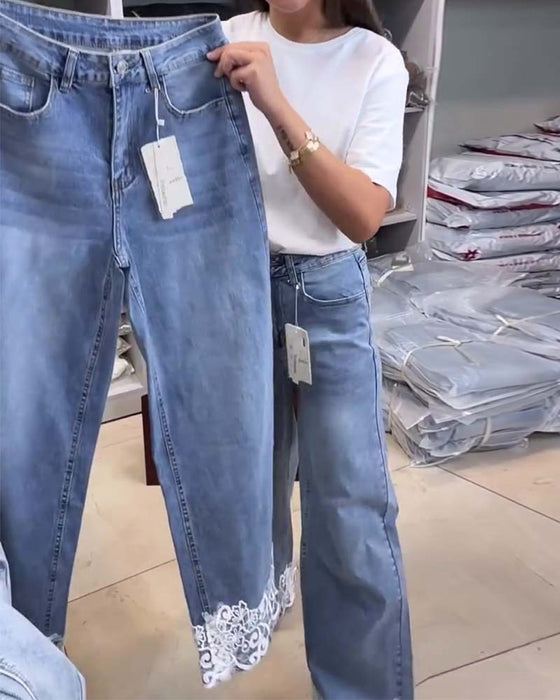 Casual Solid-Color Wide-Leg Denim Pants