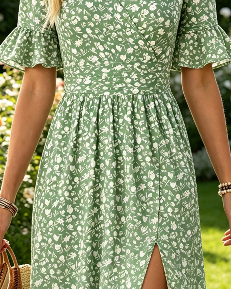 Waist Tie Floral Ruffle Slit Dress