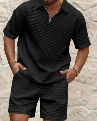 Polo Collar Zip Waffle Texture Shorts Set
