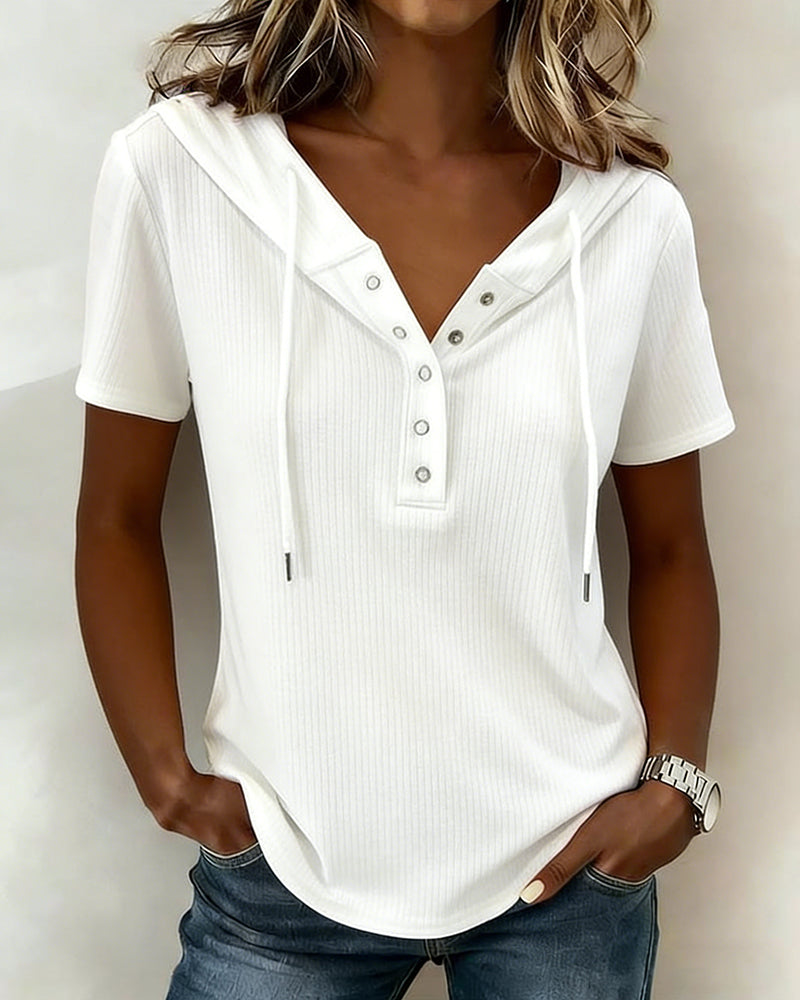 Hooded Short-Sleeve Henley Blouse