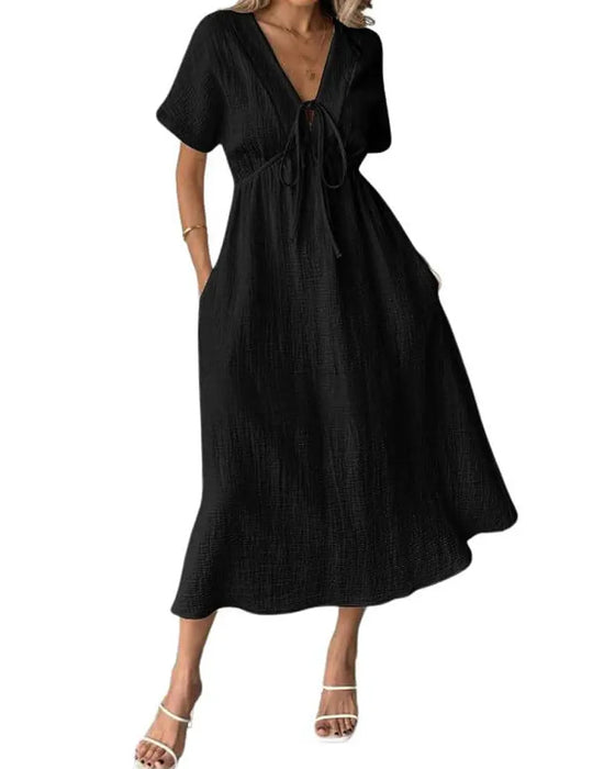 V-Neck Tie Waist Cinched Solid A-Line Dress