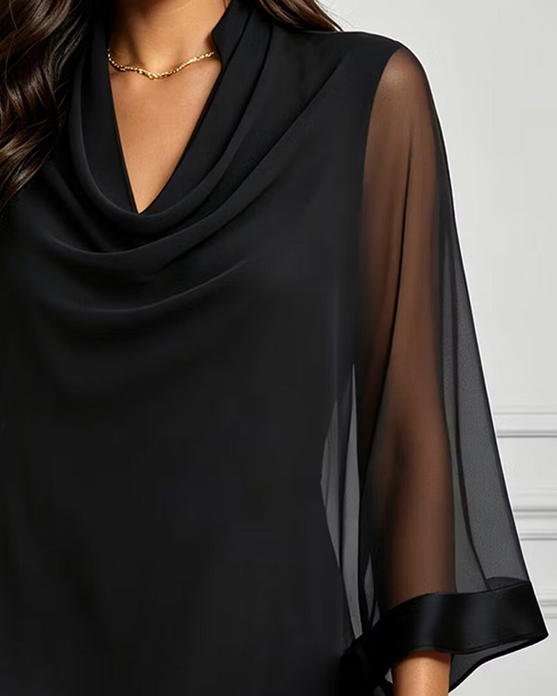 Mock Neck Irregular Solid Sheer Blouse