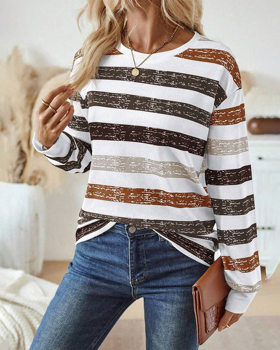 Crew Neck Long Sleeve Striped Casual Top