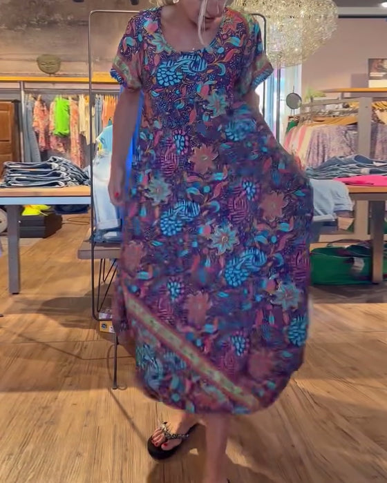 Printed short sleeve round neck long dress