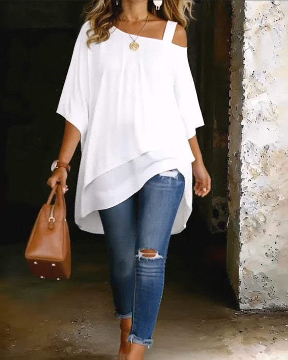 Asymmetric Cold-Shoulder Solid Color Casual Blouse