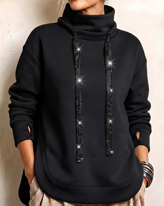 High-Neck Rhinestone Drawstring Sweatshirt