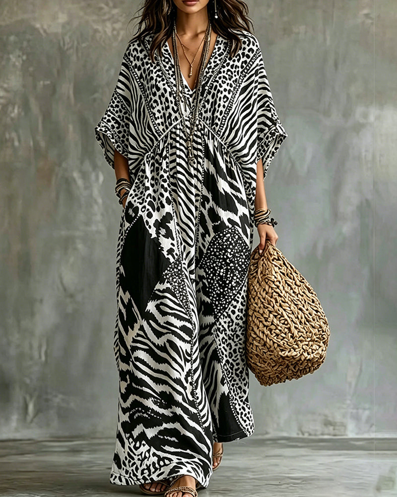 V-Neck Leopard Print Bat Sleeve Dress