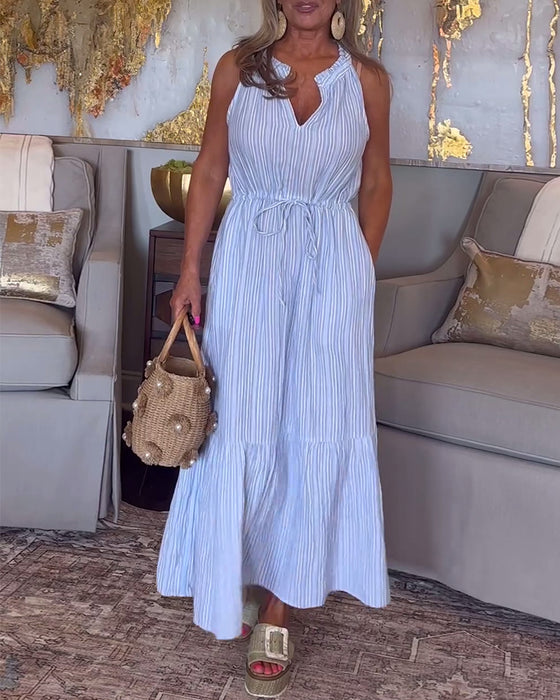 Stripe print drawstring sleeveless dress