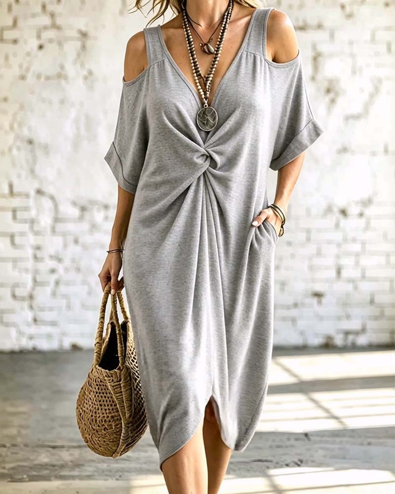 Solid Color Cold Shoulder Shirred Dress
