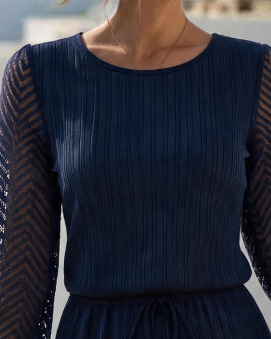 Round Neck Cutout Long Sleeve Waist Dress