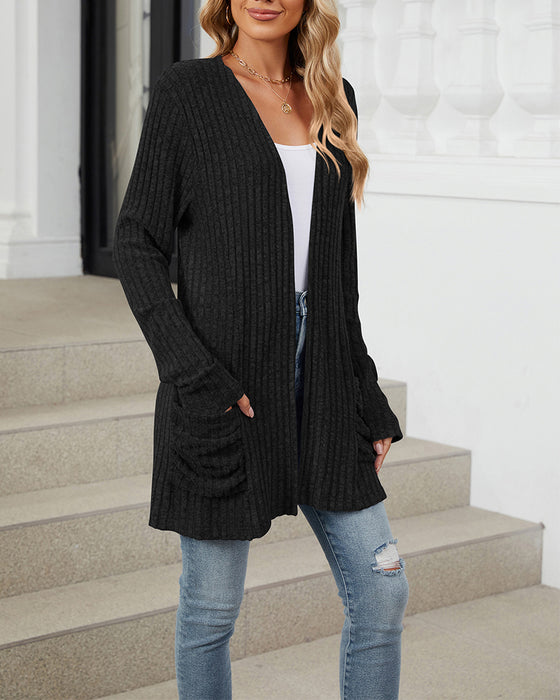 Casual solid color pocket long sleeve cardigan