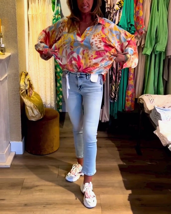 Lapel printed long sleeve top