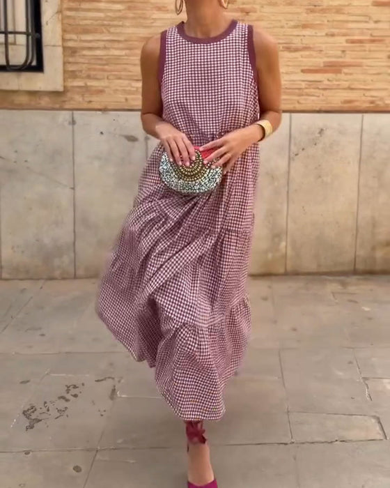 Plaid Round Neck Sleeveless Dress