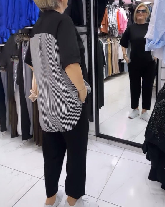 Pinstripe patchwork casual blouse